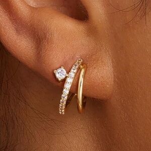 14k Gold CZ Illusion Triple Piercing Dainty Hoops and Stud Earrings